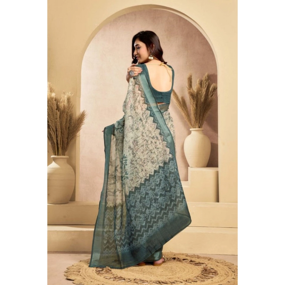 Women's Faux_Linen Printed Ready-to-Wear Saree With Unstitched Blouse 5.5 Mtr (Light_Grey) - Image 4