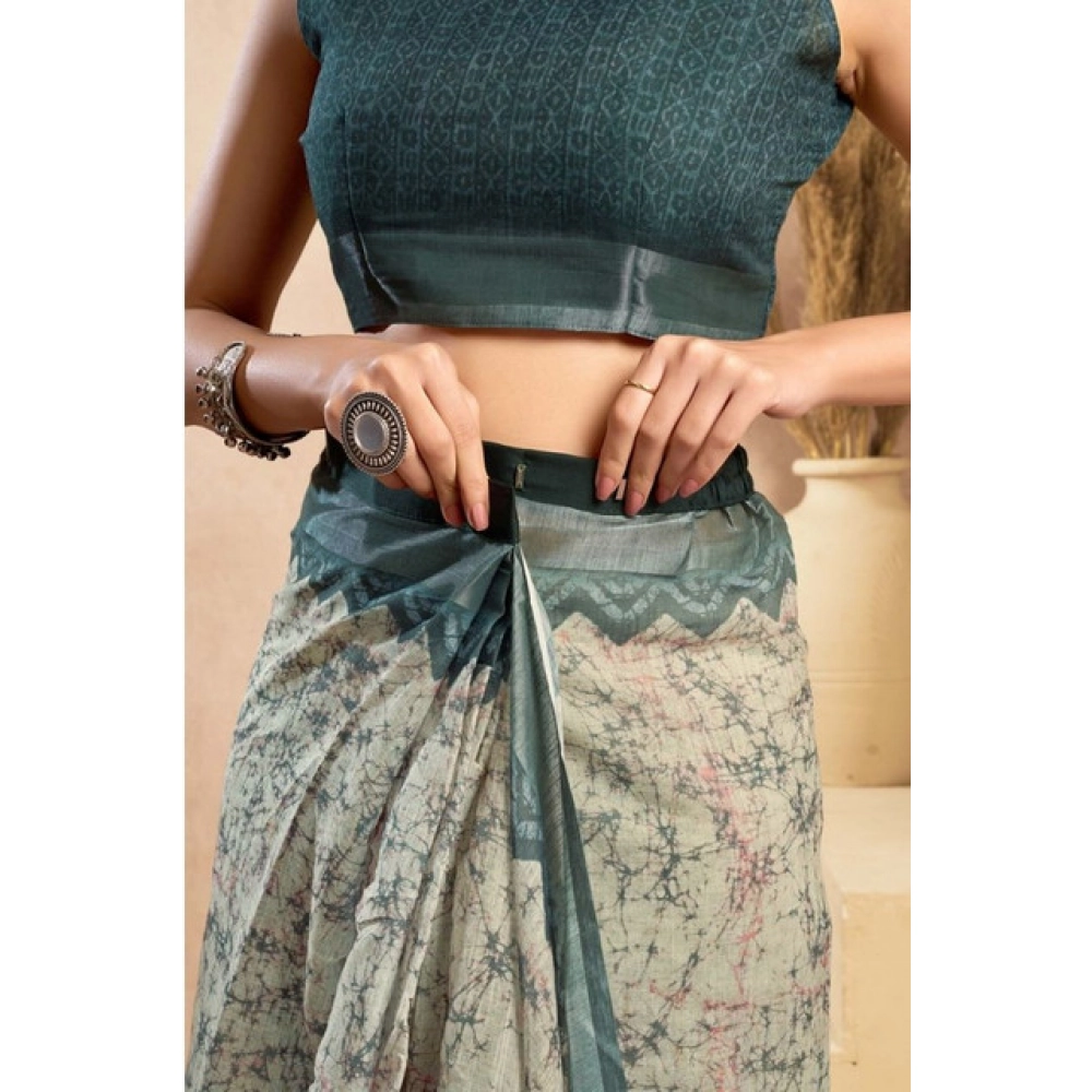 Women's Faux_Linen Printed Ready-to-Wear Saree With Unstitched Blouse 5.5 Mtr (Light_Grey) - Image 2