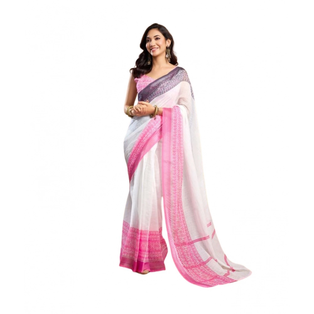 Women's Faux_Linen Printed Ready-to-Wear Saree With Unstitched Blouse 5.5 Mtr (Off_White)