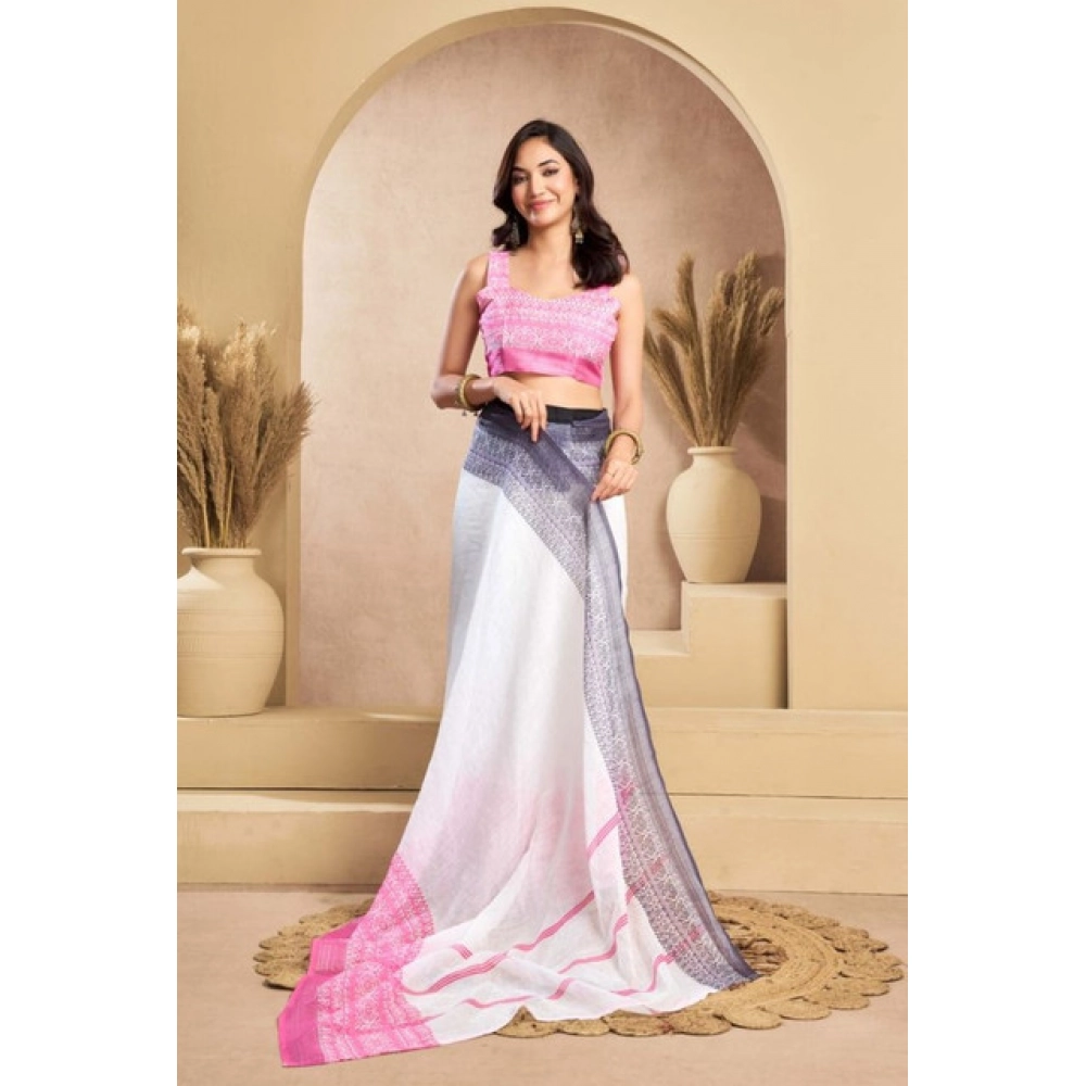 Women's Faux_Linen Printed Ready-to-Wear Saree With Unstitched Blouse 5.5 Mtr (Off_White) - Image 3