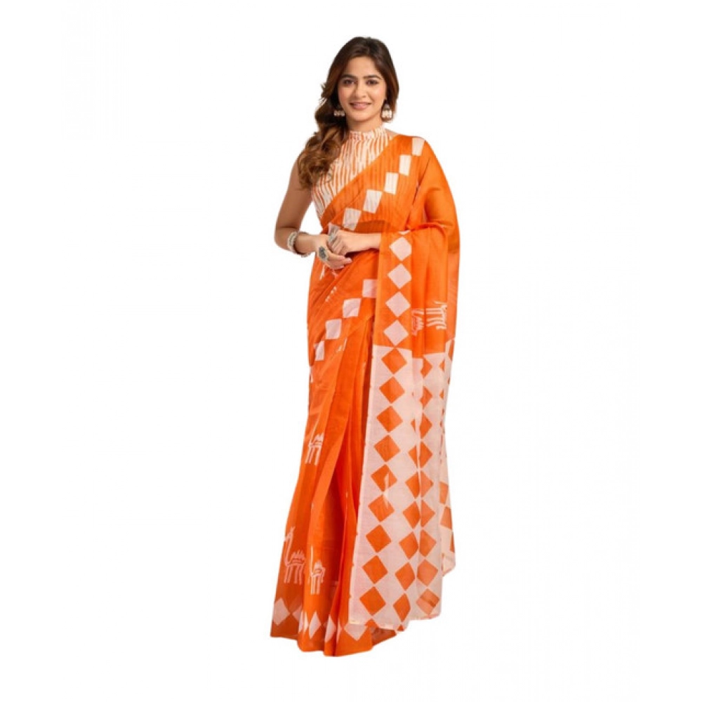 Women's Faux_Linen Printed Ready-to-Wear Saree With Unstitched Blouse 5.5 Mtr (Orange)