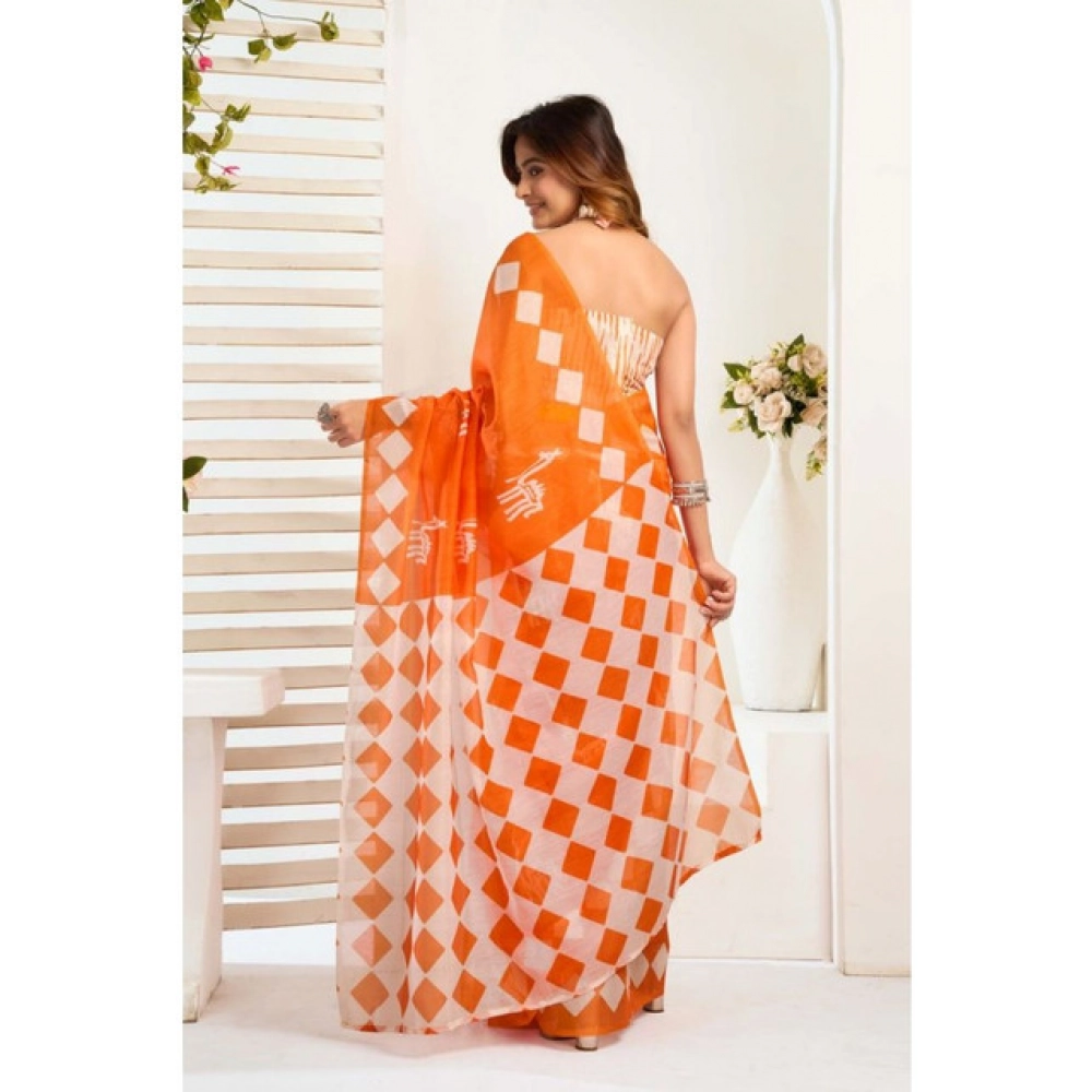 Women's Faux_Linen Printed Ready-to-Wear Saree With Unstitched Blouse 5.5 Mtr (Orange) - Image 4