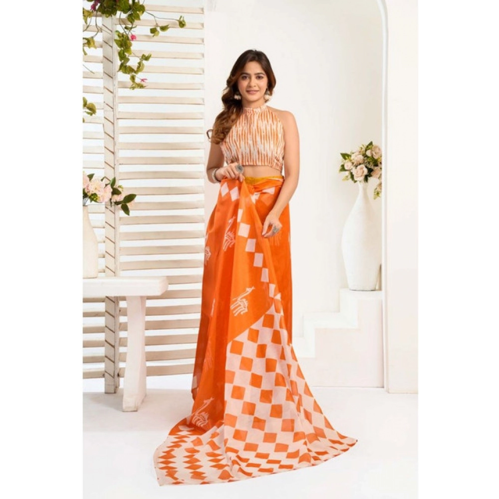 Women's Faux_Linen Printed Ready-to-Wear Saree With Unstitched Blouse 5.5 Mtr (Orange) - Image 3