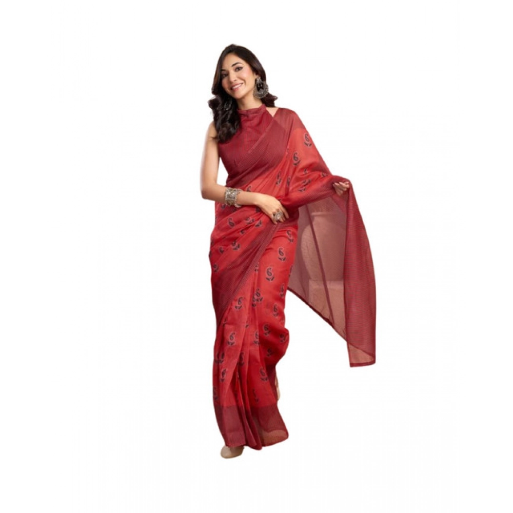 Women's Faux_Linen Printed Ready-to-Wear Saree With Unstitched Blouse 5.5 Mtr (Red)