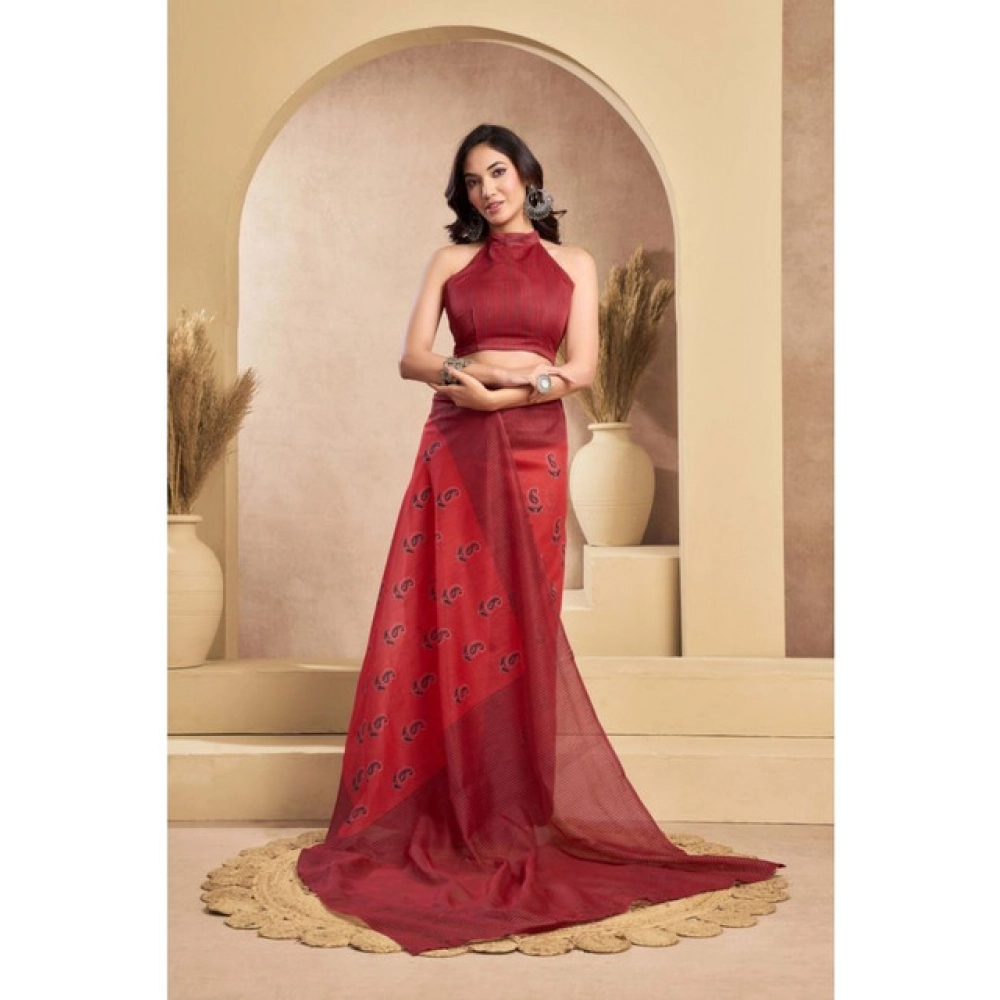 Women's Faux_Linen Printed Ready-to-Wear Saree With Unstitched Blouse 5.5 Mtr (Red) - Image 3