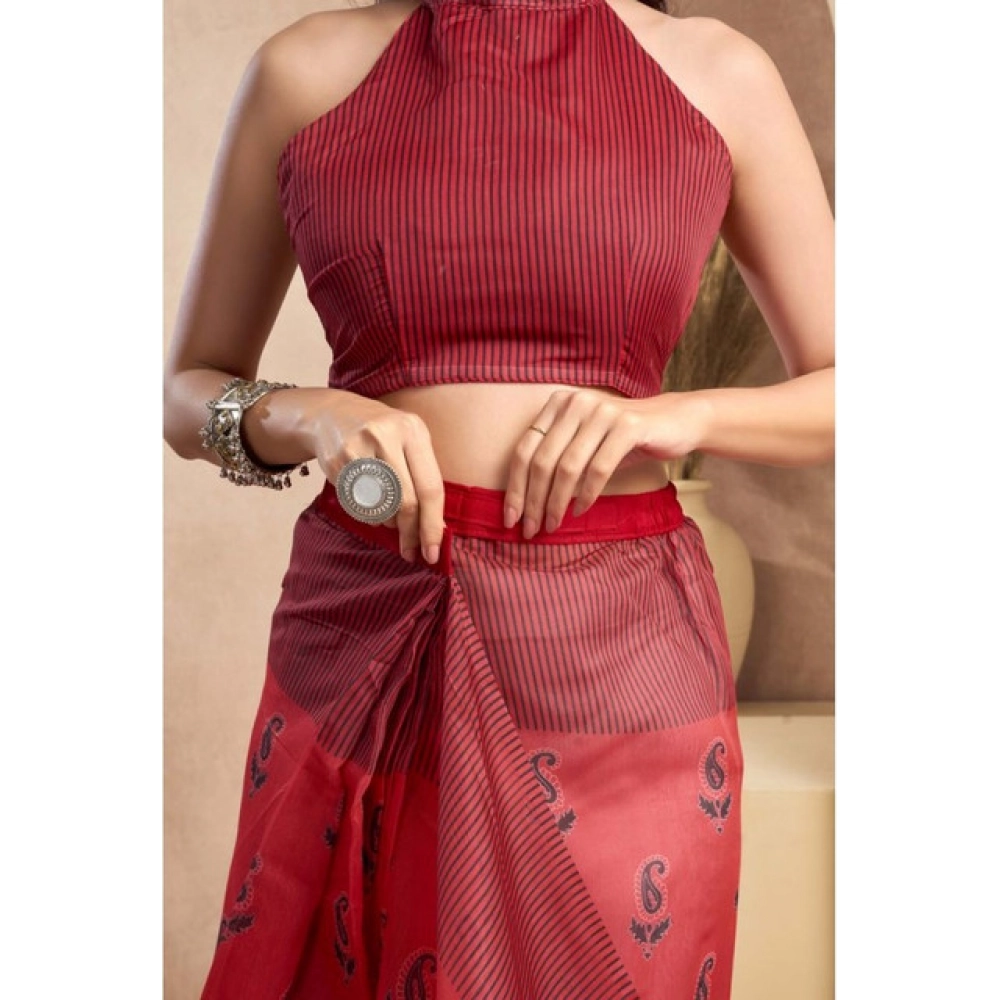 Women's Faux_Linen Printed Ready-to-Wear Saree With Unstitched Blouse 5.5 Mtr (Red) - Image 2