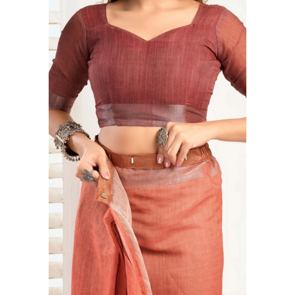 Women's Faux_Linen Printed Ready-to-Wear Saree With Unstitched Blouse 5.5 Mtr (Rust) - Image 2