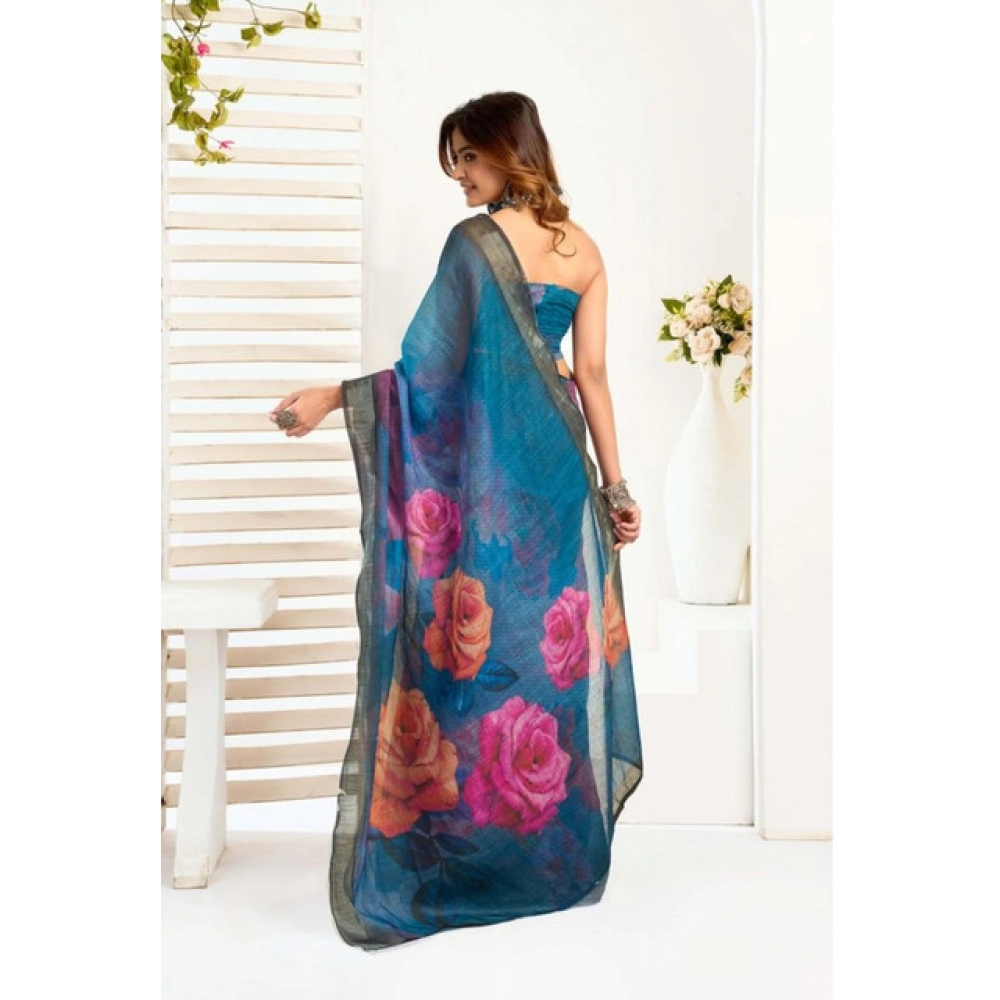 Women's Faux_Linen Printed Ready-to-Wear Saree With Unstitched Blouse 5.5 Mtr (Teal) - Image 4