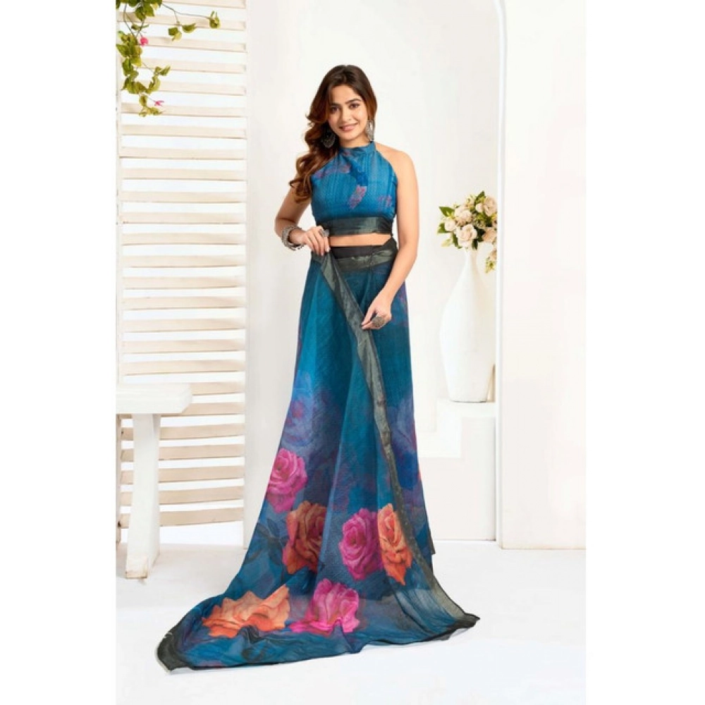 Women's Faux_Linen Printed Ready-to-Wear Saree With Unstitched Blouse 5.5 Mtr (Teal) - Image 3