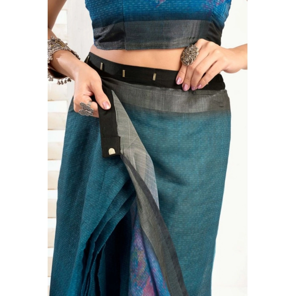 Women's Faux_Linen Printed Ready-to-Wear Saree With Unstitched Blouse 5.5 Mtr (Teal) - Image 2