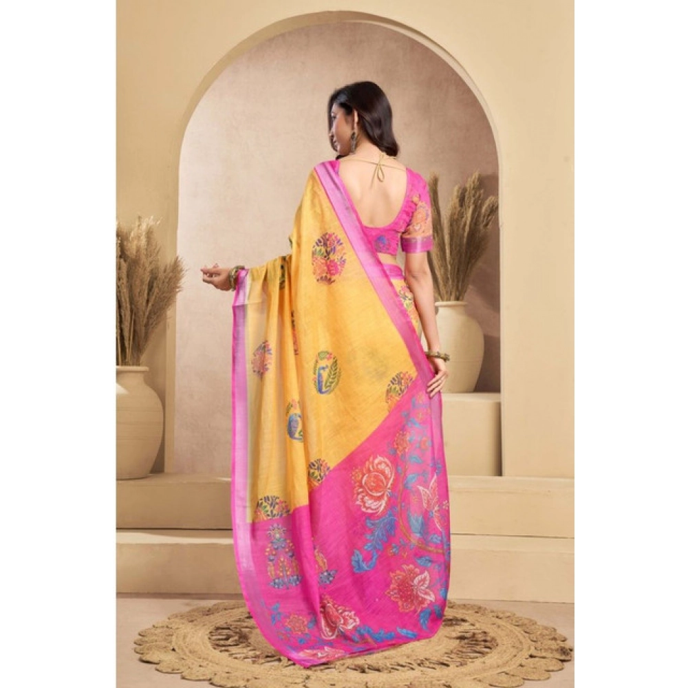 Women's Faux_Linen Printed Ready-to-Wear Saree With Unstitched Blouse 5.5 Mtr (Yellow) - Image 4