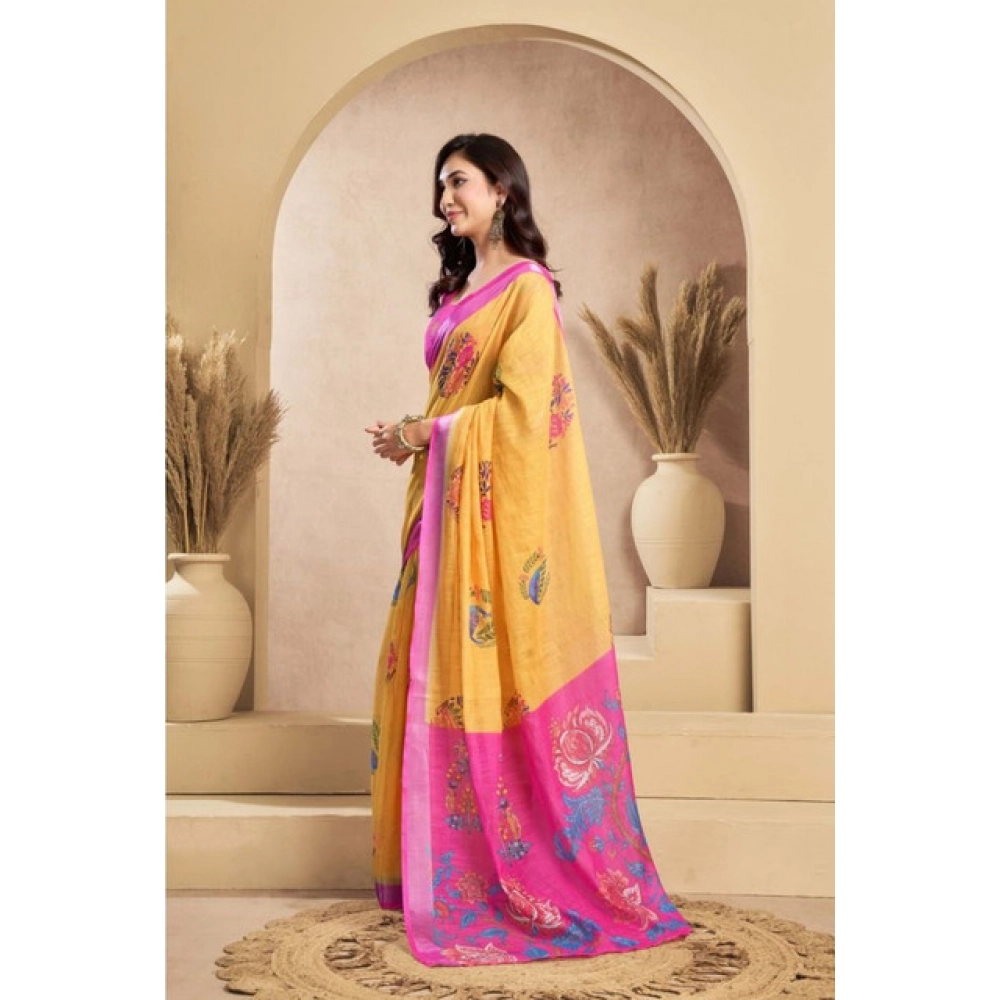 Women's Faux_Linen Printed Ready-to-Wear Saree With Unstitched Blouse 5.5 Mtr (Yellow) - Image 3