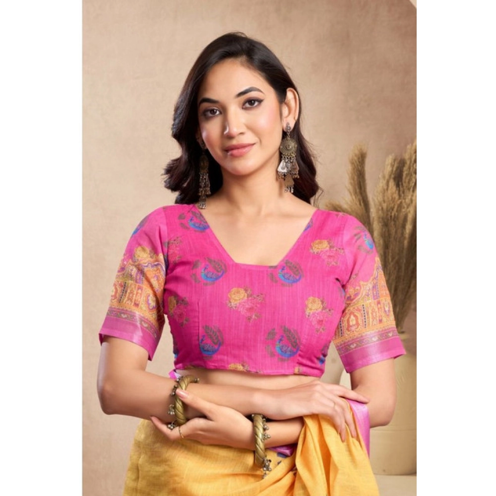 Women's Faux_Linen Printed Ready-to-Wear Saree With Unstitched Blouse 5.5 Mtr (Yellow) - Image 2