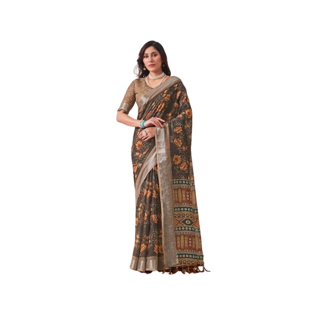 Women's Faux_Linen Printed Saree With Unstitched Blouse 5.5Mtr (Slate_Grey)
