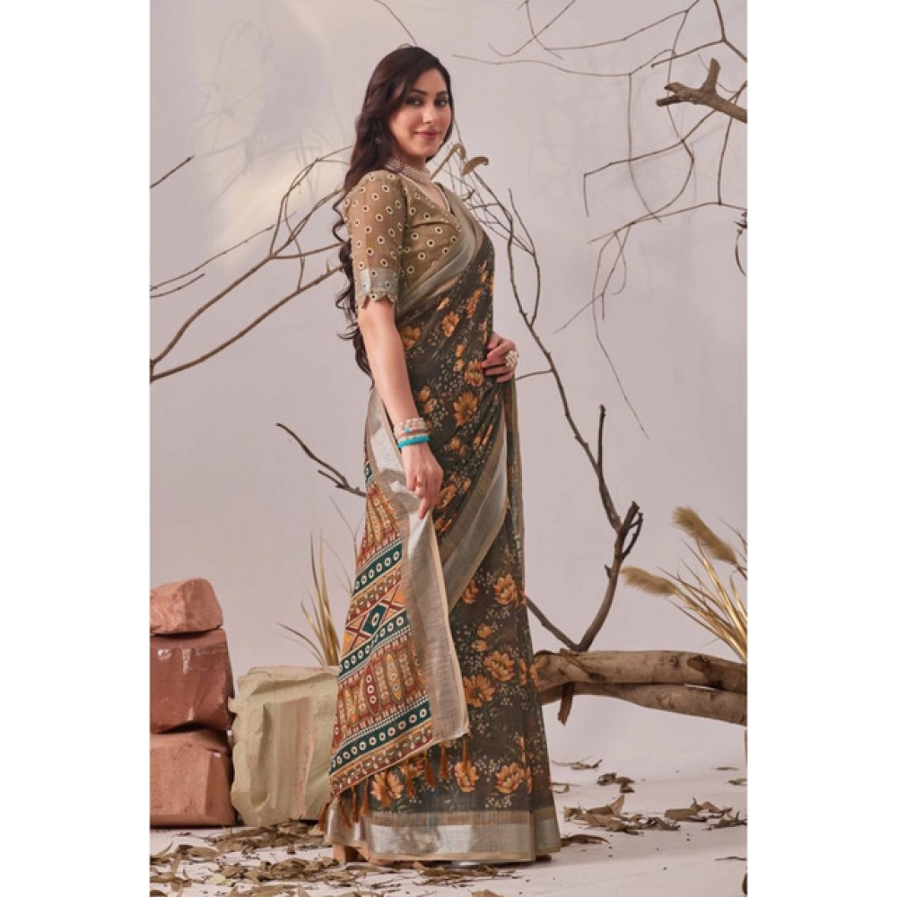 Women's Faux_Linen Printed Saree With Unstitched Blouse 5.5Mtr (Slate_Grey) - Image 4