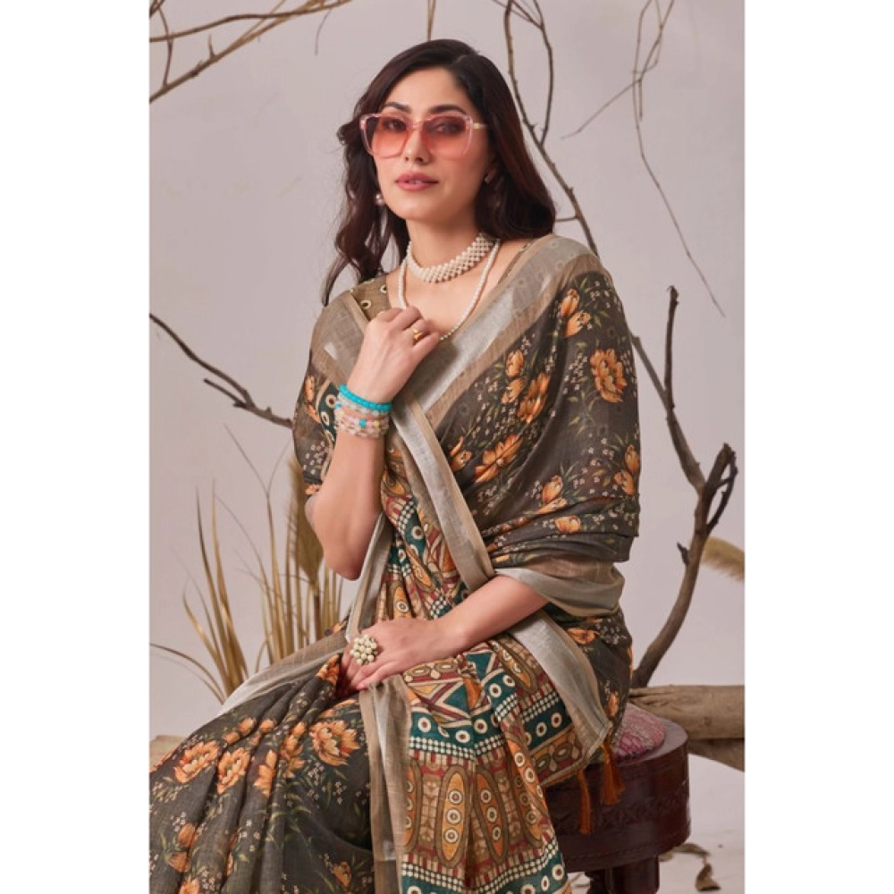 Women's Faux_Linen Printed Saree With Unstitched Blouse 5.5Mtr (Slate_Grey) - Image 3