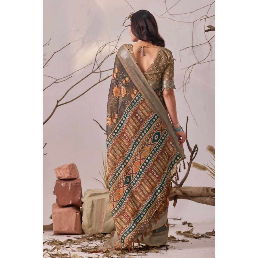 Women's Faux_Linen Printed Saree With Unstitched Blouse 5.5Mtr (Slate_Grey) - Image 2