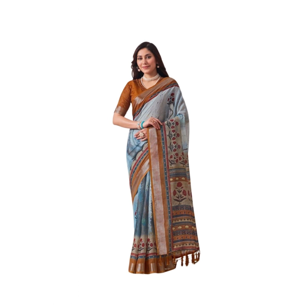 Women's Faux_Linen Printed Saree With Unstitched Blouse 5.5Mtr (Blue)