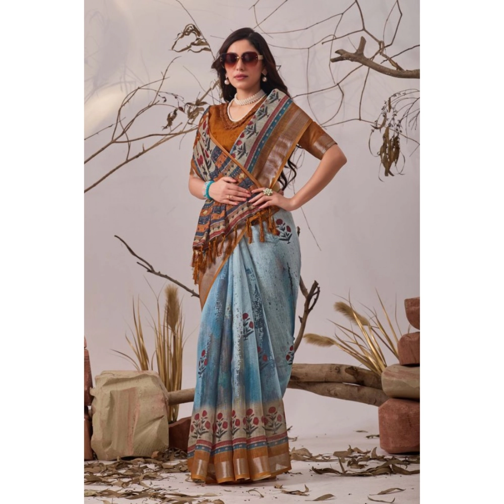 Women's Faux_Linen Printed Saree With Unstitched Blouse 5.5Mtr (Blue) - Image 3