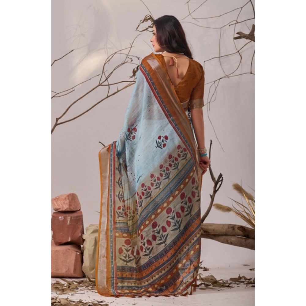 Women's Faux_Linen Printed Saree With Unstitched Blouse 5.5Mtr (Blue) - Image 2