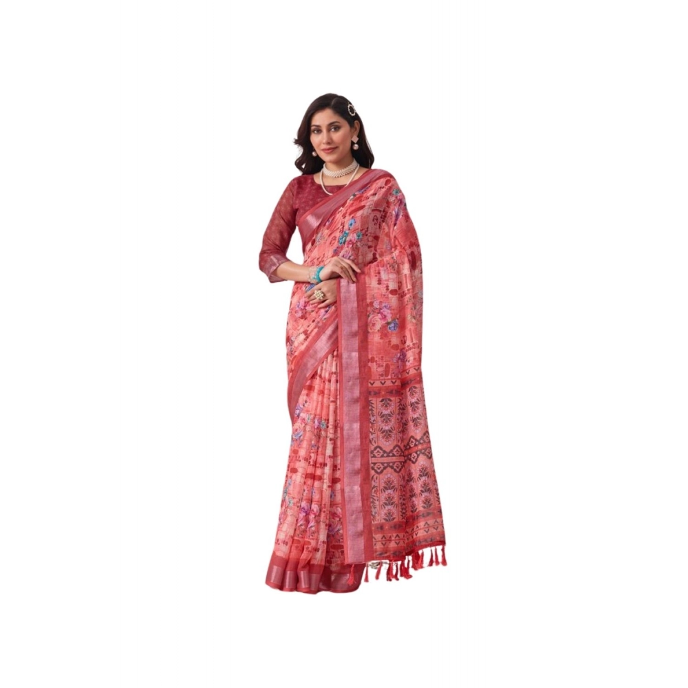 Women's Faux_Linen Printed Saree With Unstitched Blouse 5.5Mtr (Rose)