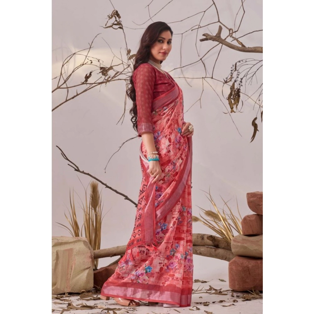 Women's Faux_Linen Printed Saree With Unstitched Blouse 5.5Mtr (Rose) - Image 4