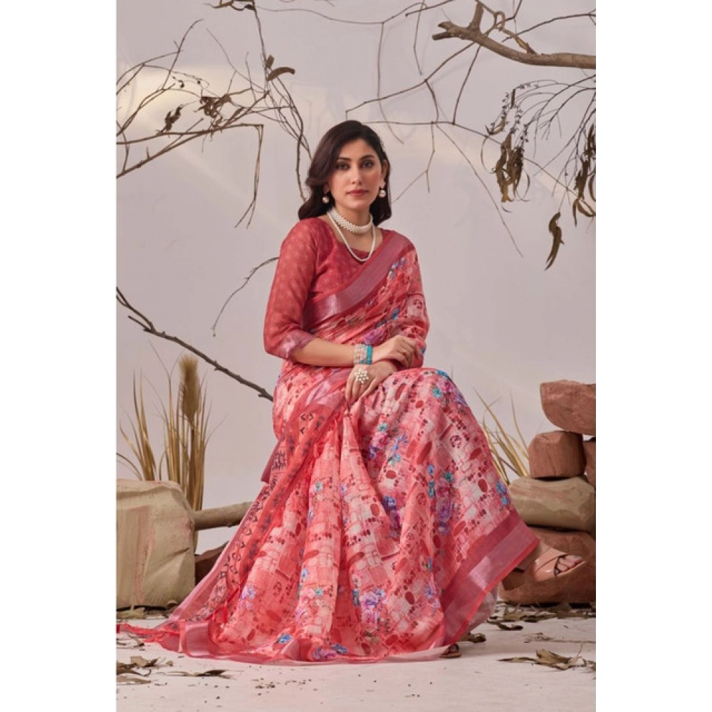 Women's Faux_Linen Printed Saree With Unstitched Blouse 5.5Mtr (Rose) - Image 3