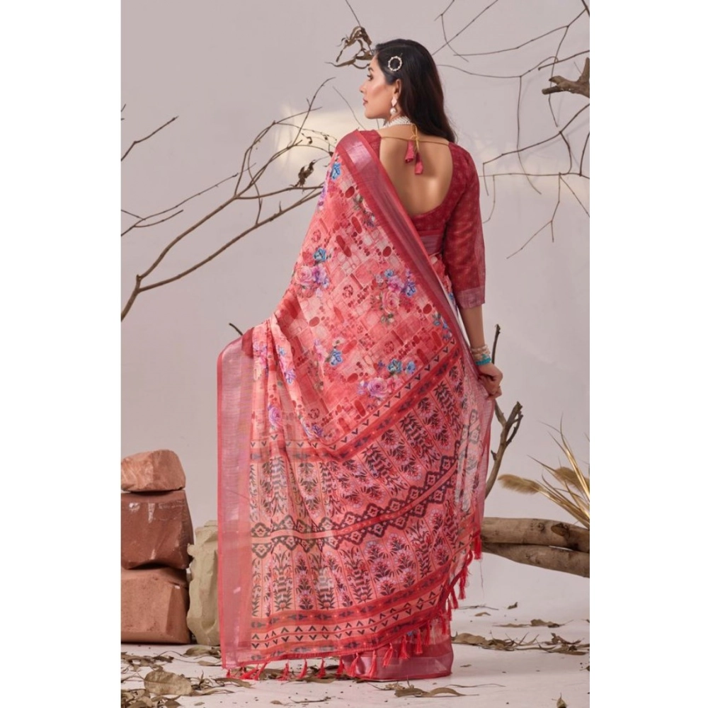 Women's Faux_Linen Printed Saree With Unstitched Blouse 5.5Mtr (Rose) - Image 2