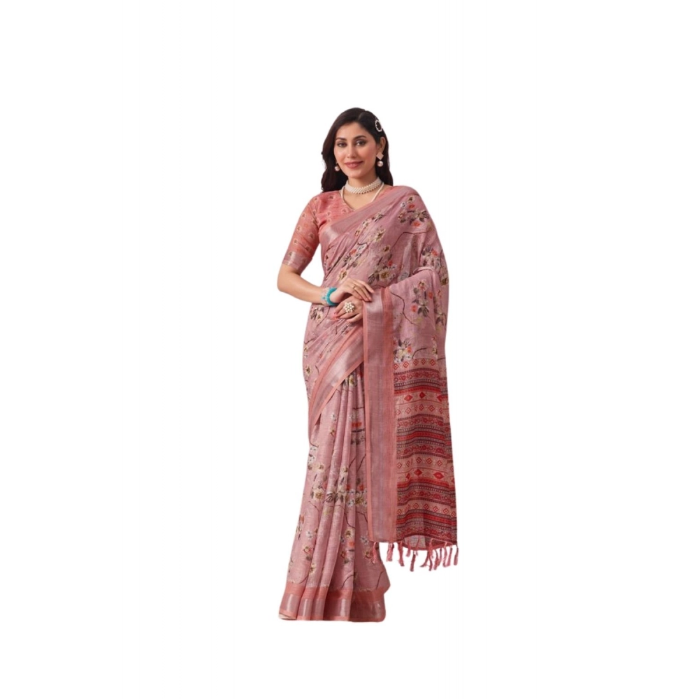 Women's Faux_Linen Printed Saree With Unstitched Blouse 5.5Mtr (Mauve)