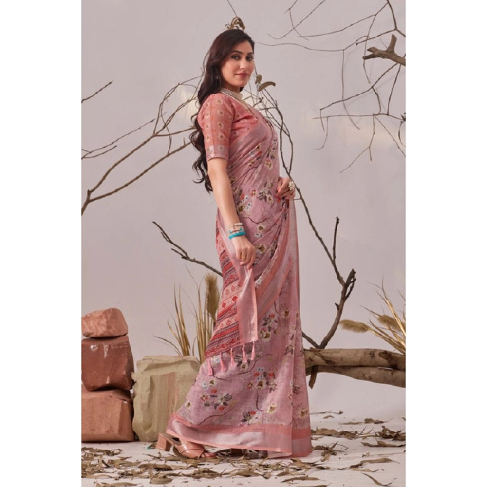 Women's Faux_Linen Printed Saree With Unstitched Blouse 5.5Mtr (Mauve) - Image 4