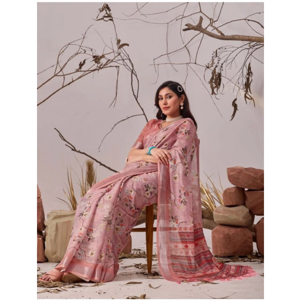 Women's Faux_Linen Printed Saree With Unstitched Blouse 5.5Mtr (Mauve) - Image 3