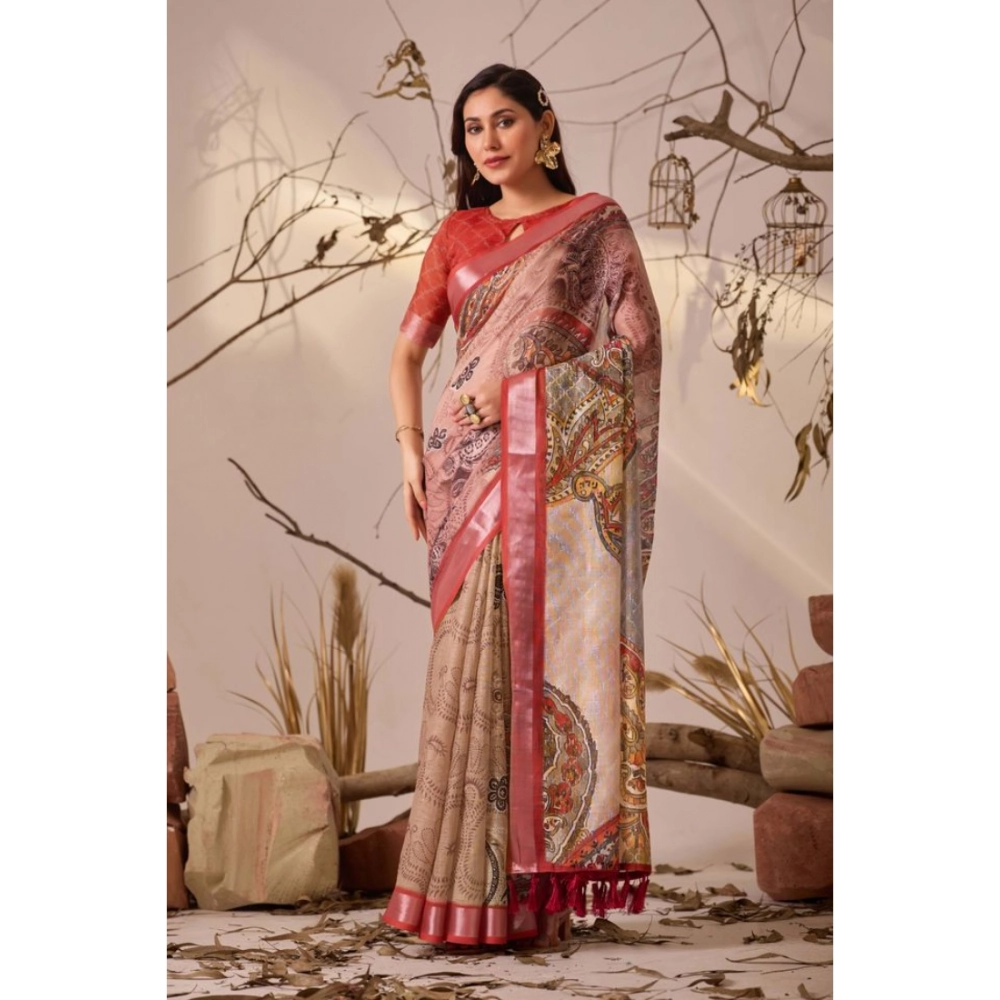 Women's Faux_Linen Printed Saree With Unstitched Blouse 5.5Mtr (Light_Beige) - Image 4