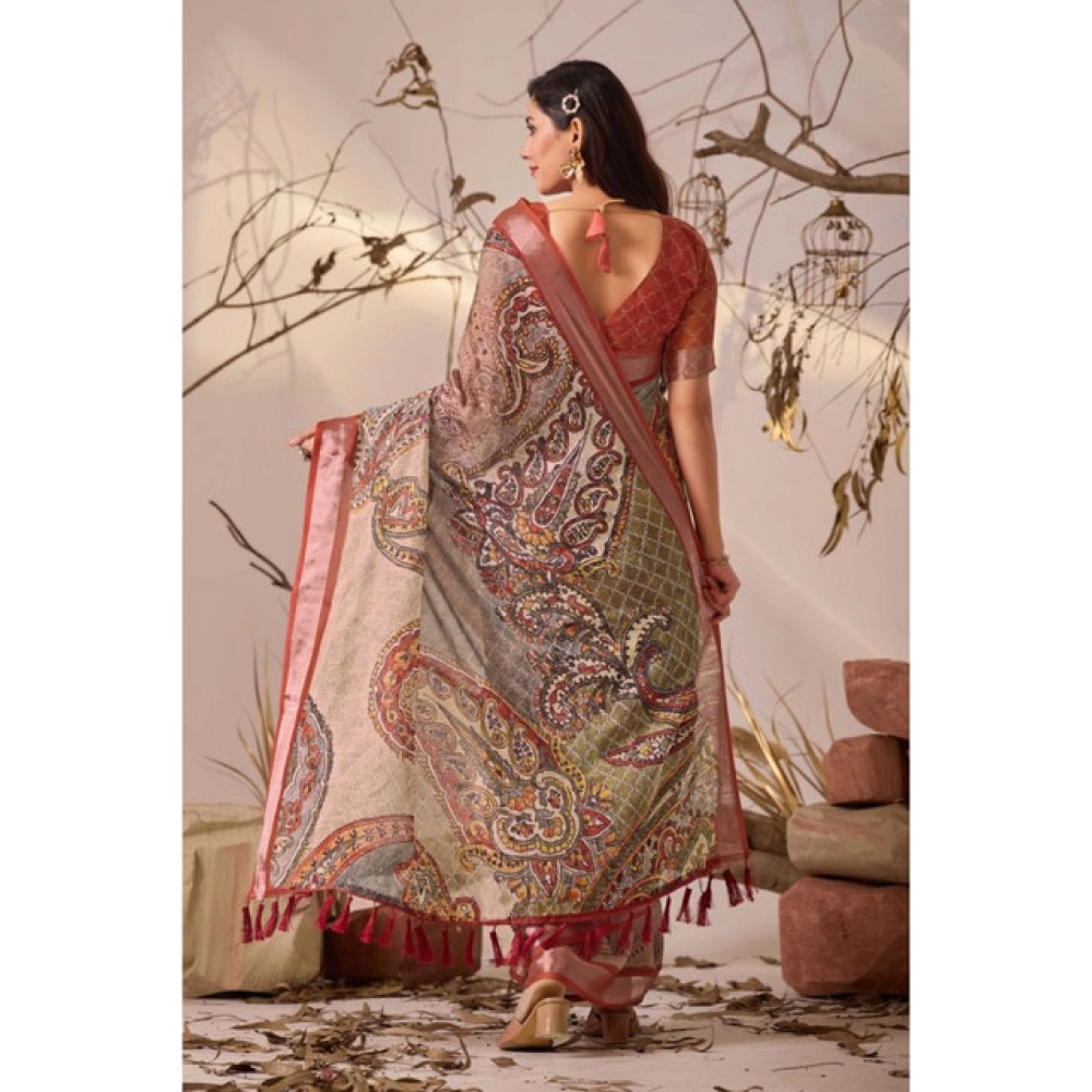 Women's Faux_Linen Printed Saree With Unstitched Blouse 5.5Mtr (Light_Beige) - Image 2