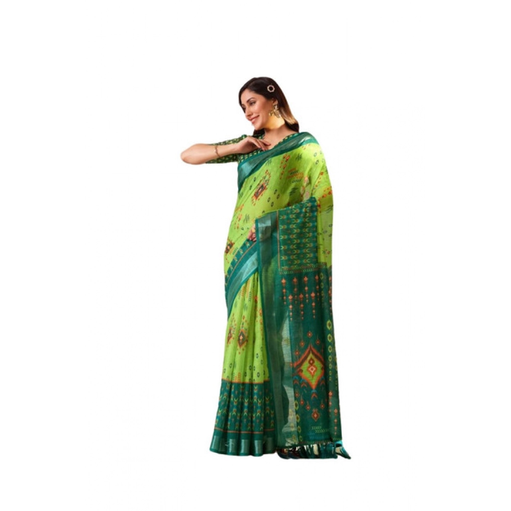 Women's Faux_Linen Printed Saree With Unstitched Blouse 5.5Mtr (Green)