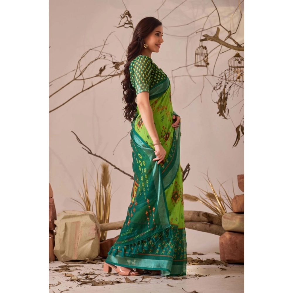 Women's Faux_Linen Printed Saree With Unstitched Blouse 5.5Mtr (Green) - Image 4