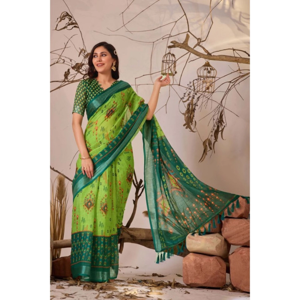Women's Faux_Linen Printed Saree With Unstitched Blouse 5.5Mtr (Green) - Image 3