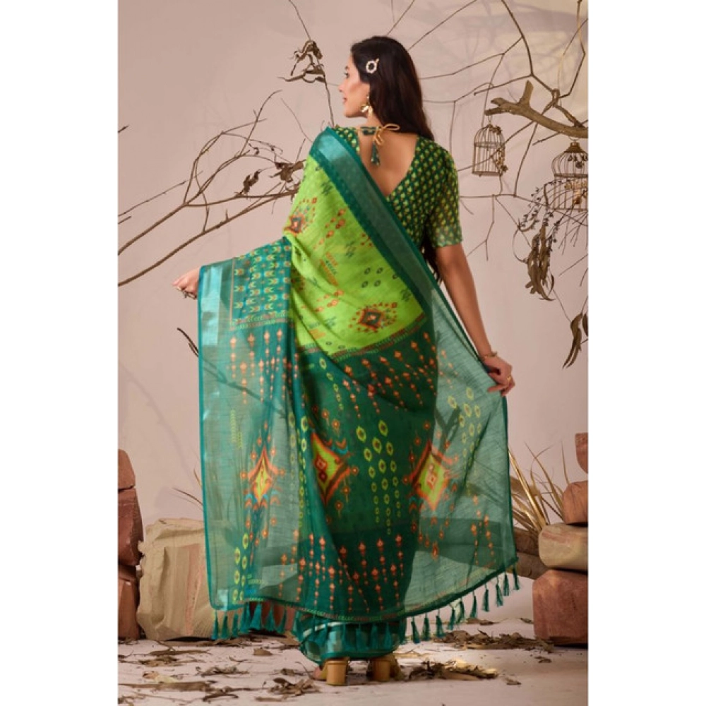 Women's Faux_Linen Printed Saree With Unstitched Blouse 5.5Mtr (Green) - Image 2