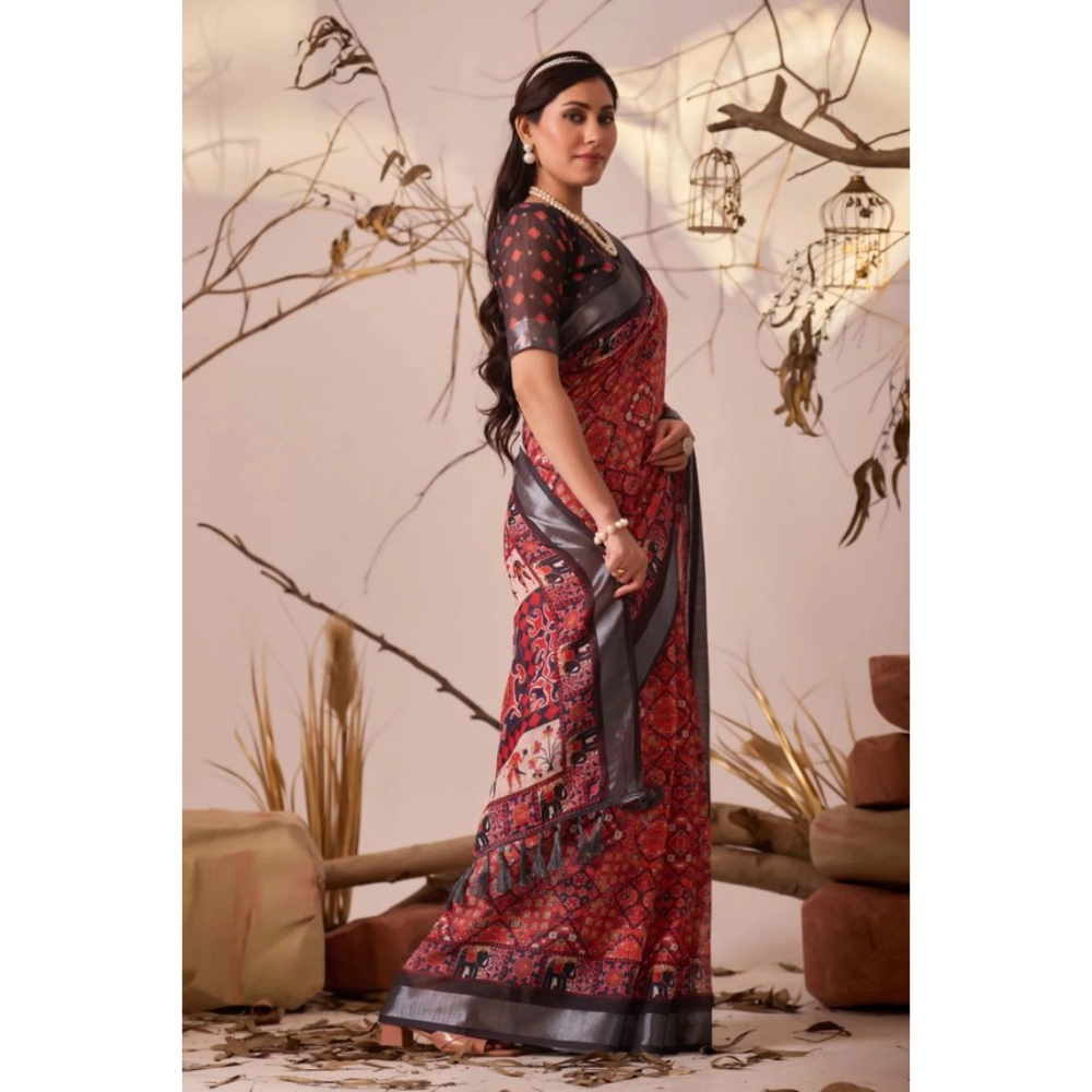 Women's Faux_Linen Printed Saree With Unstitched Blouse 5.5Mtr (Red) - Image 4
