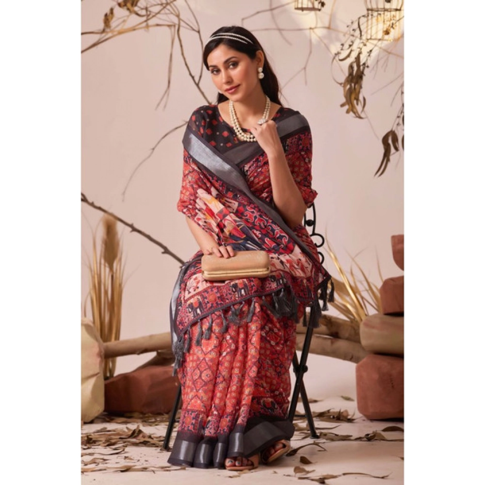 Women's Faux_Linen Printed Saree With Unstitched Blouse 5.5Mtr (Red) - Image 3