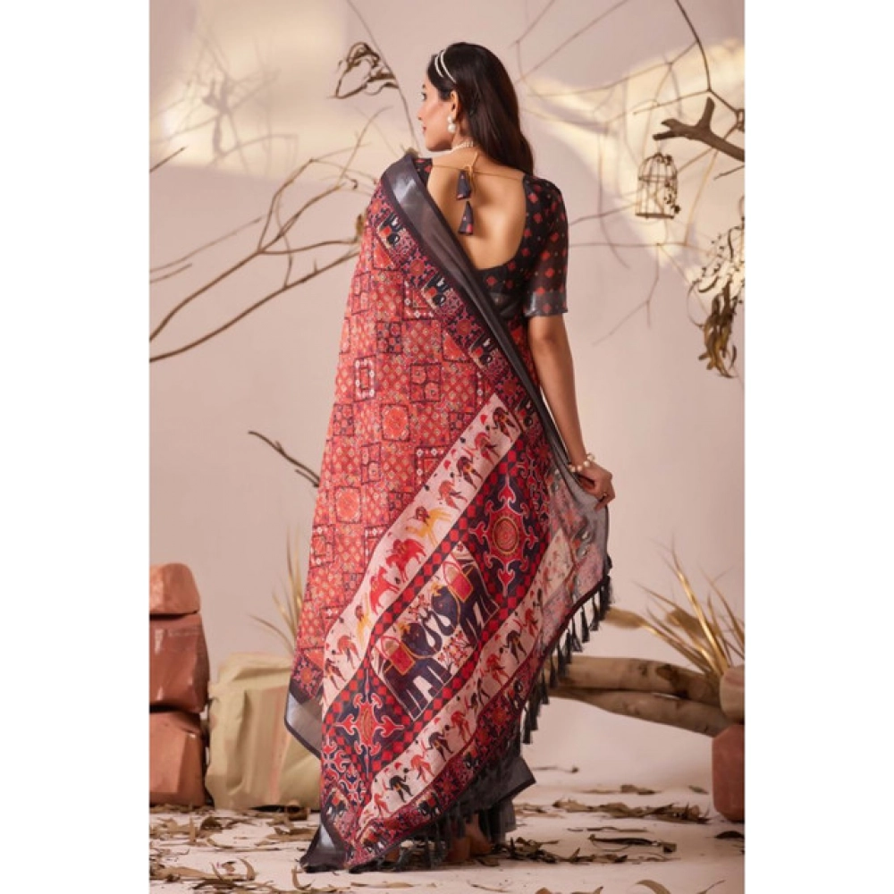 Women's Faux_Linen Printed Saree With Unstitched Blouse 5.5Mtr (Red) - Image 2