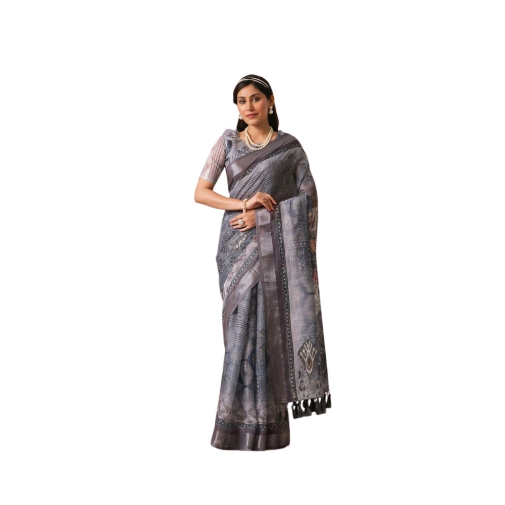Women's Faux_Linen Printed Saree With Unstitched Blouse 5.5Mtr (Light_Grey)