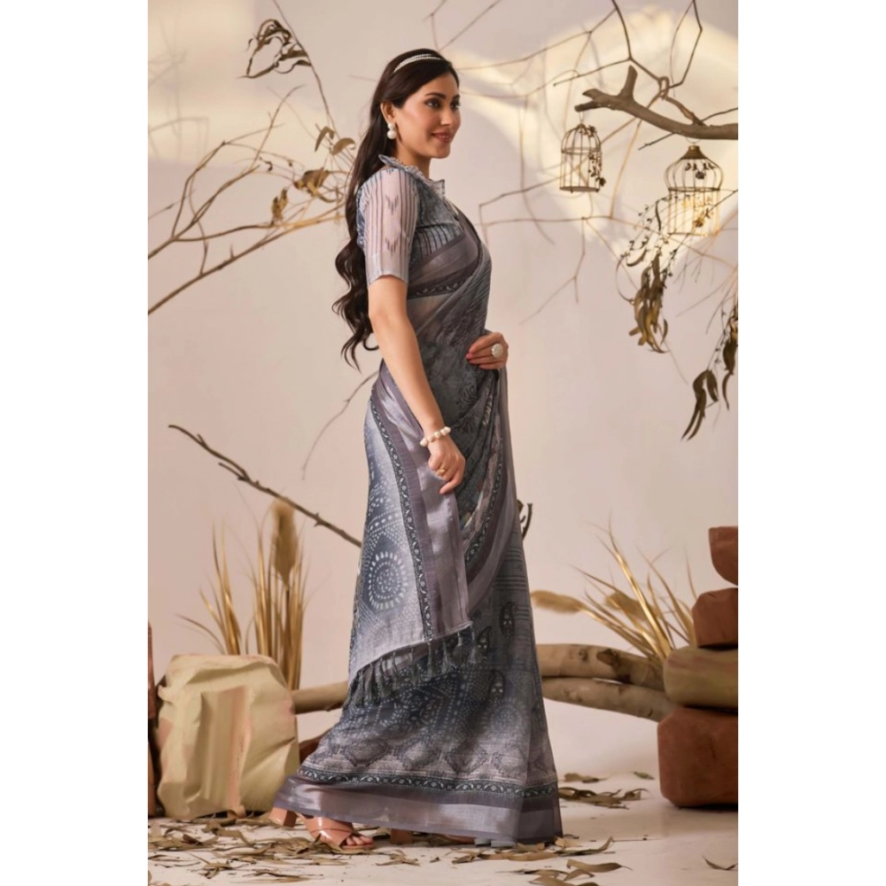 Women's Faux_Linen Printed Saree With Unstitched Blouse 5.5Mtr (Light_Grey) - Image 4