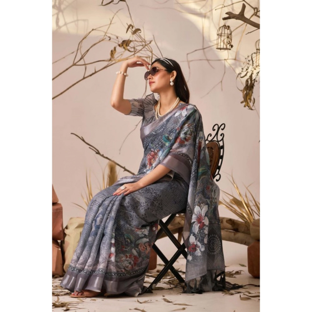 Women's Faux_Linen Printed Saree With Unstitched Blouse 5.5Mtr (Light_Grey) - Image 3
