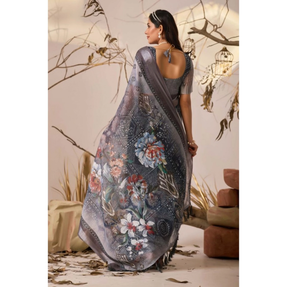 Women's Faux_Linen Printed Saree With Unstitched Blouse 5.5Mtr (Light_Grey) - Image 2