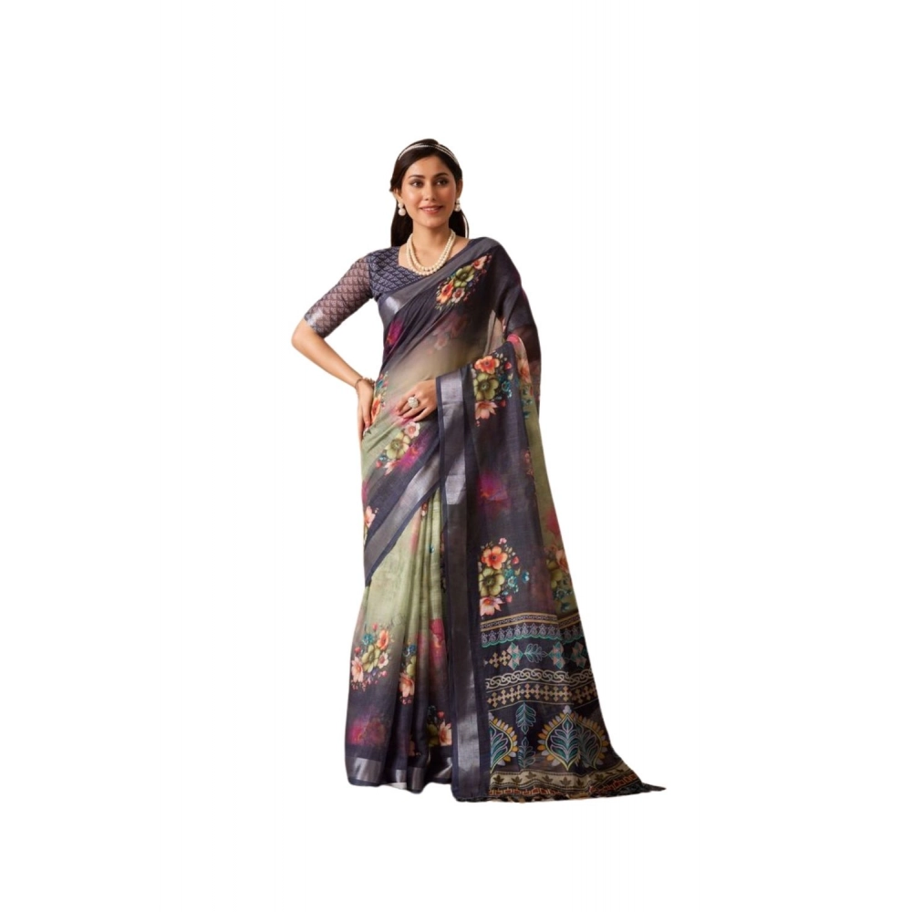 Women's Faux_Linen Printed Saree With Unstitched Blouse 5.5Mtr (Navy_Blue)