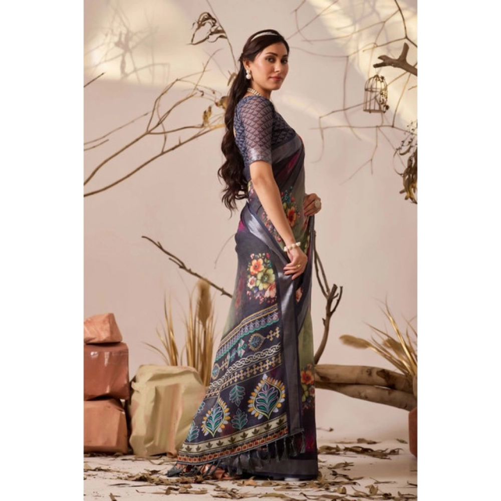 Women's Faux_Linen Printed Saree With Unstitched Blouse 5.5Mtr (Navy_Blue) - Image 4