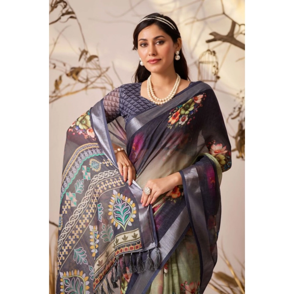 Women's Faux_Linen Printed Saree With Unstitched Blouse 5.5Mtr (Navy_Blue) - Image 3