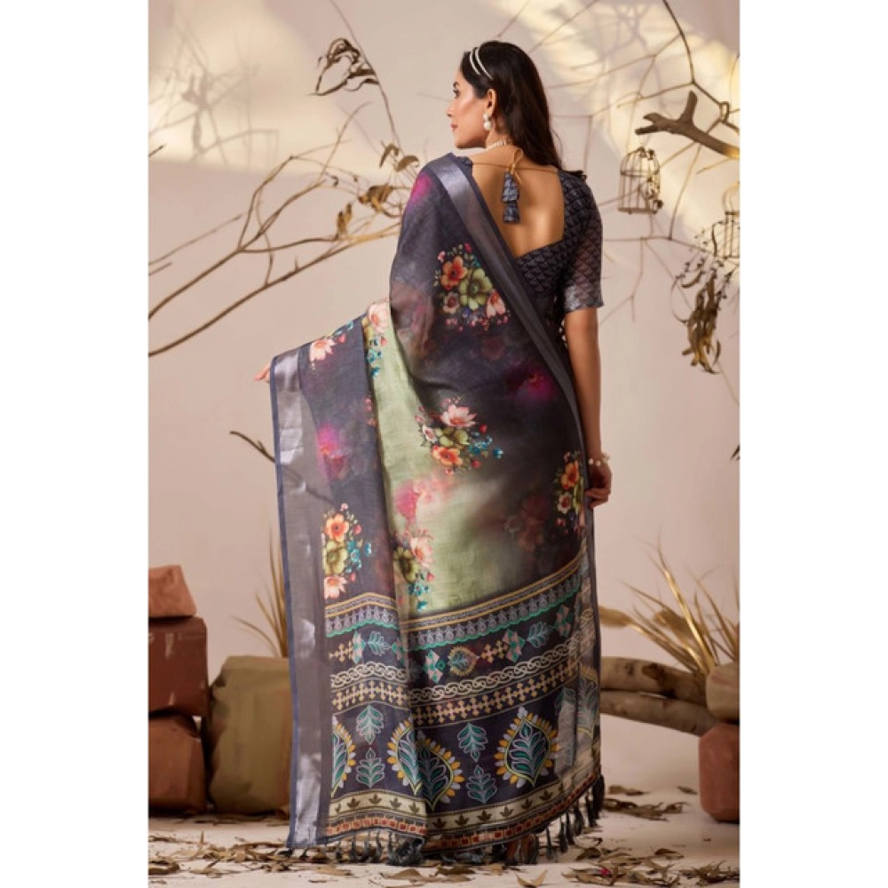 Women's Faux_Linen Printed Saree With Unstitched Blouse 5.5Mtr (Navy_Blue) - Image 2