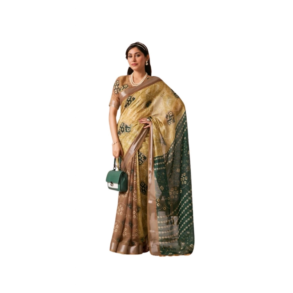Women's Faux_Linen Printed Saree With Unstitched Blouse 5.5Mtr (Mustard)