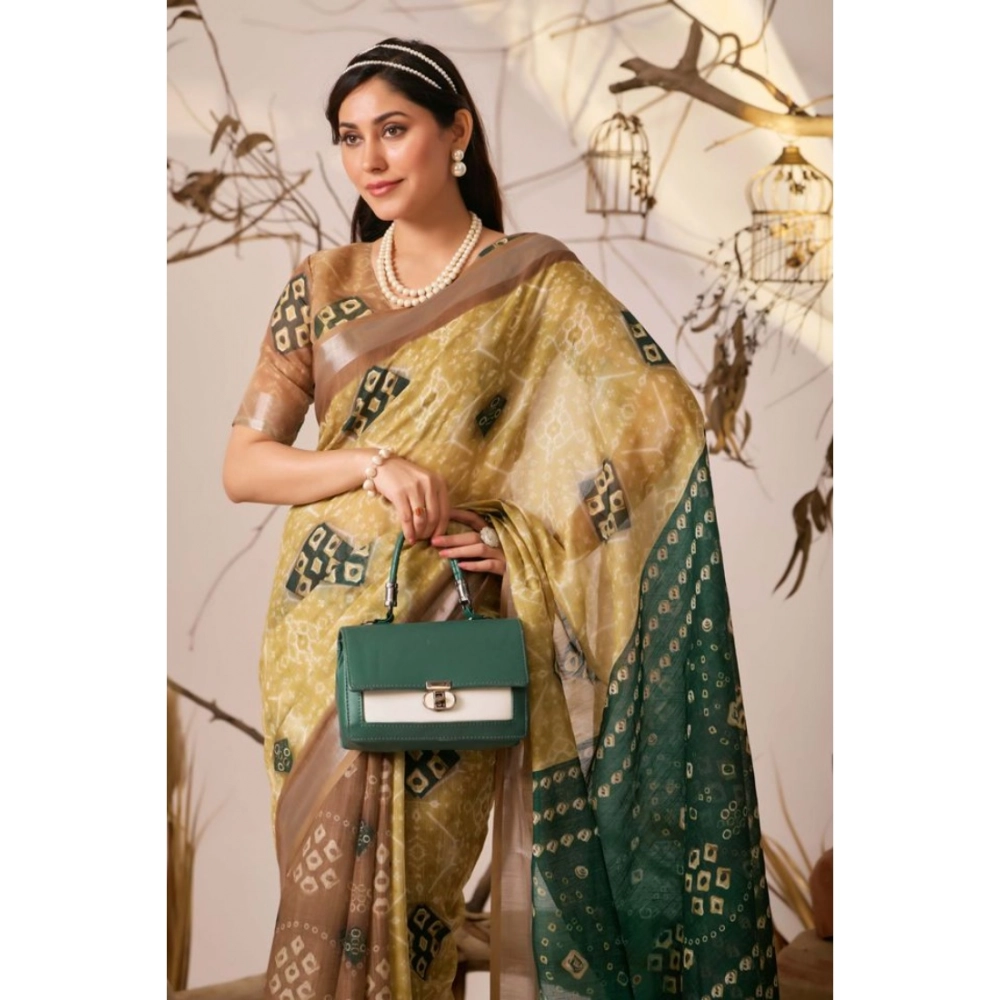 Women's Faux_Linen Printed Saree With Unstitched Blouse 5.5Mtr (Mustard) - Image 4